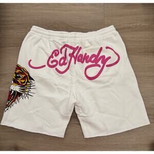 ED HARDY OFF WHITE MEN’s SHORTS FLEECE TIGER PRINT LOGO SWEAT SIZE XL